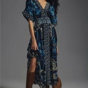 FARM Rio Blue Maxi Sundress with Flutter Sleeves and V-Neck